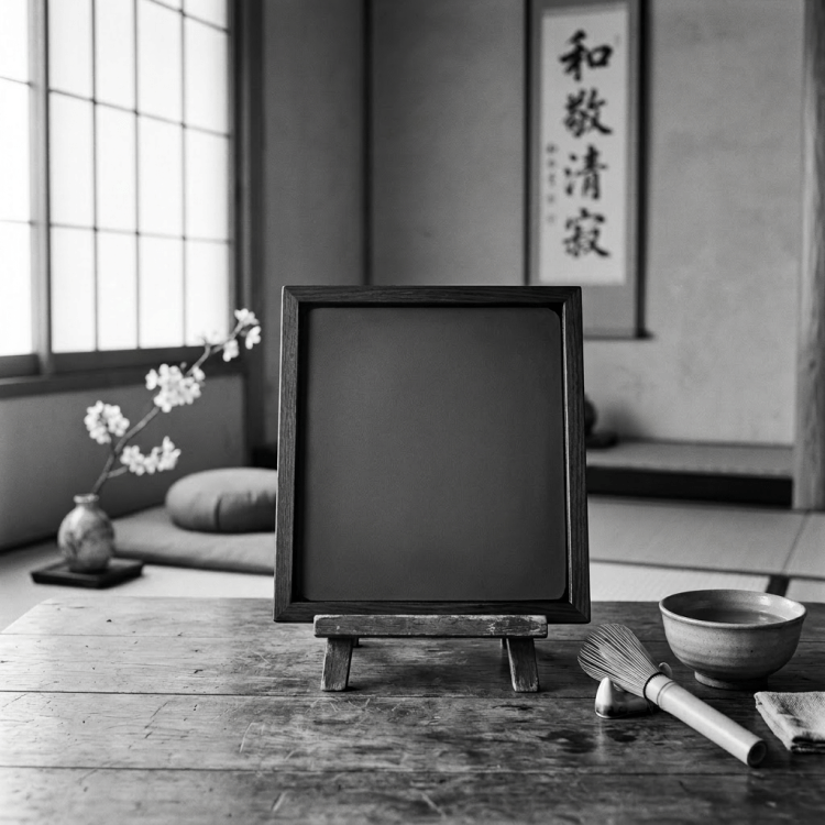 Framed calligraphy with lotus illustration and words 'Harmony Balance' in Japanese and English on a table
